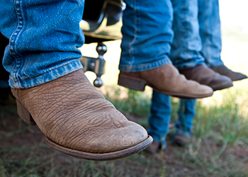 Farmers resting on pickup tailgate
